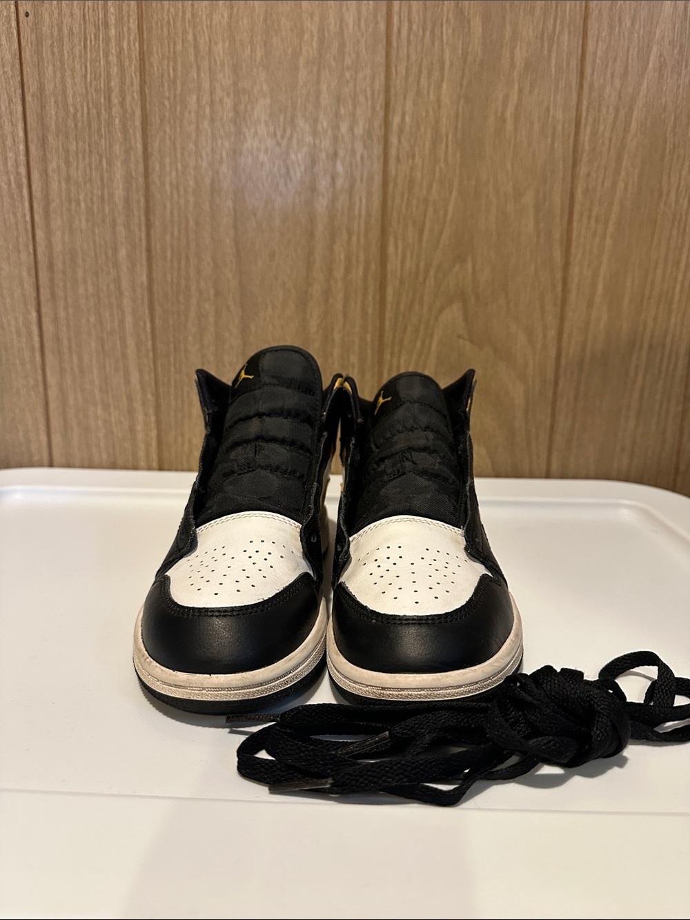 Jordan Kids Black and White High-Top Sneakers with Gold Jumpman